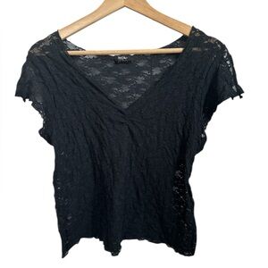 Vintage Mossimo Black Lace Top Large Y2K V Neck Sheer Stretch Feminine Romantic